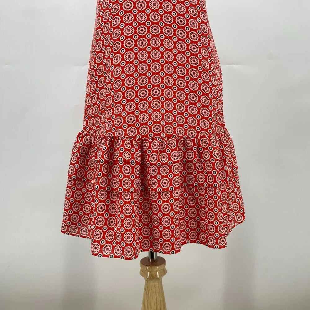 J Crew Ruffle Hem Dress Womens 0 Red Printed Spaghetti Drop Waist Knee Length
